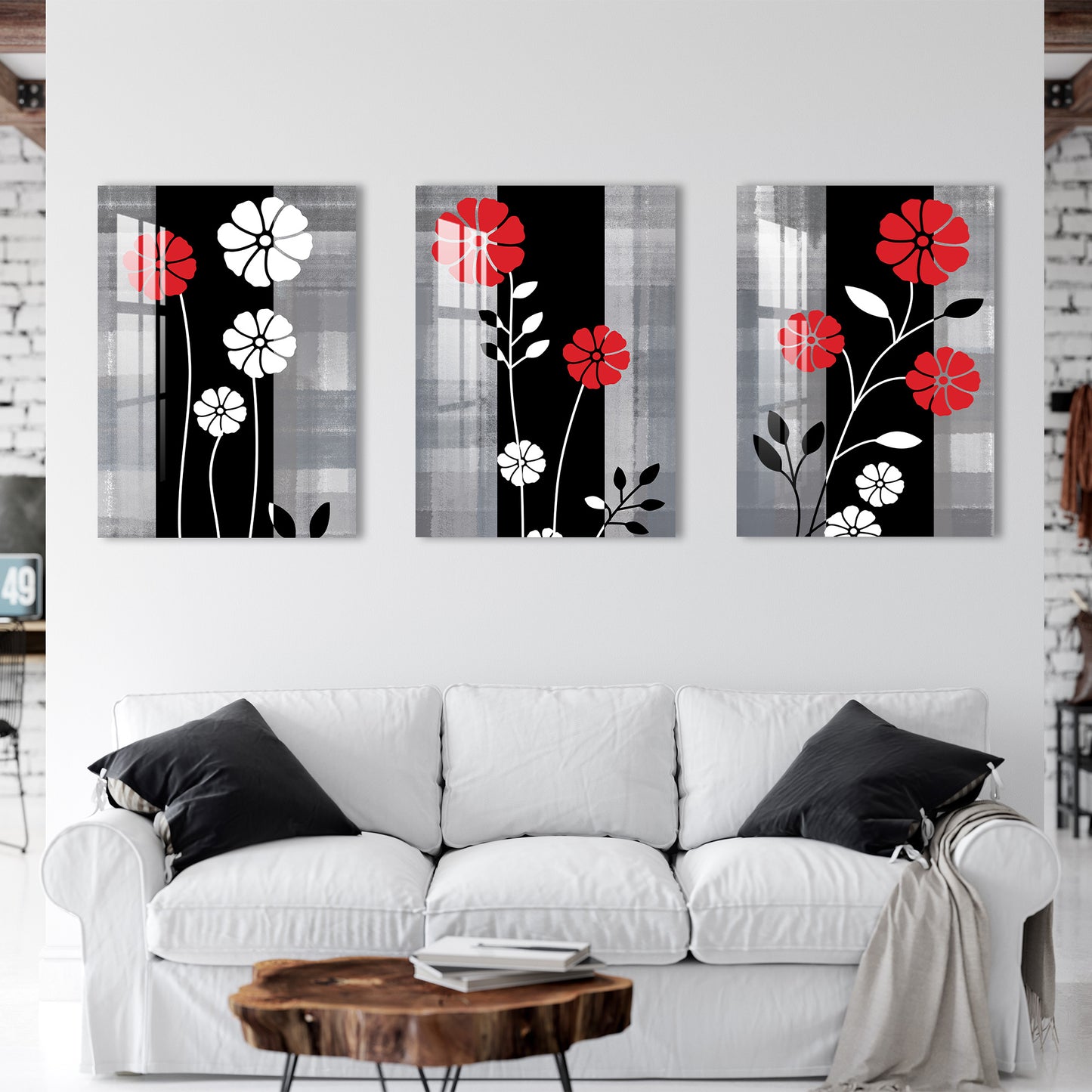 Red & White Flowers Acrylic Wall Art (Set of 3)