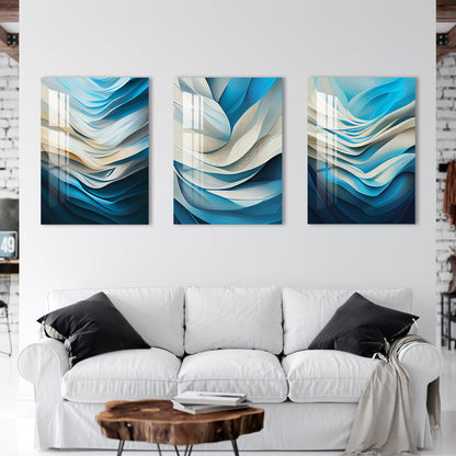 Blue & White Fractal Print Acrylic Wall Art (Set of 3)