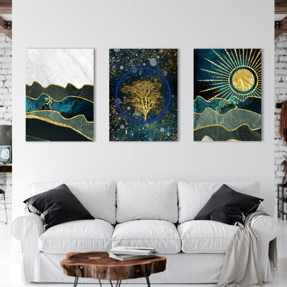 Turquoise Marble Golden Trees Acrylic Wall Art (Set of 3)