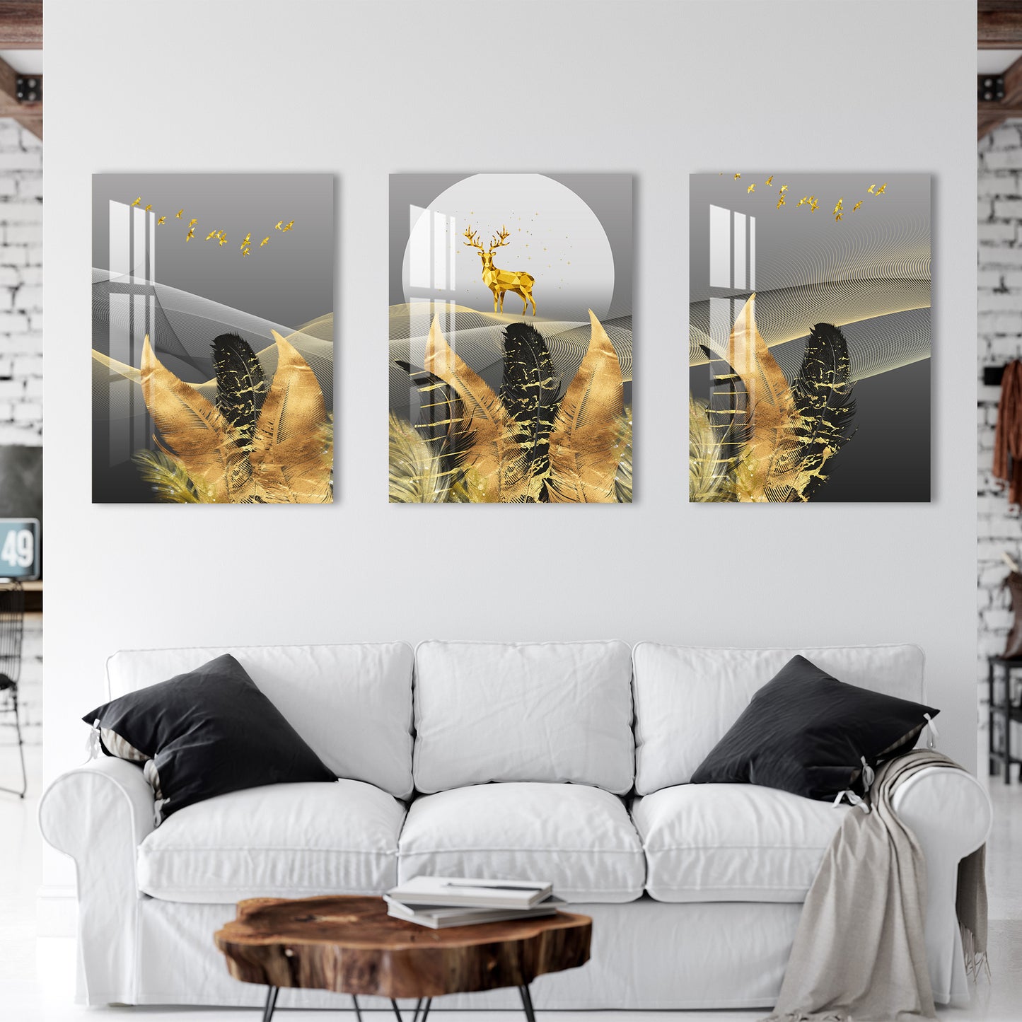 Golden & Black Feathers with Deer Acrylic Wall Art (Set of 3)