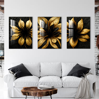 Black & Golden Fractal Flowers Acrylic Wall Art (Set of 3)