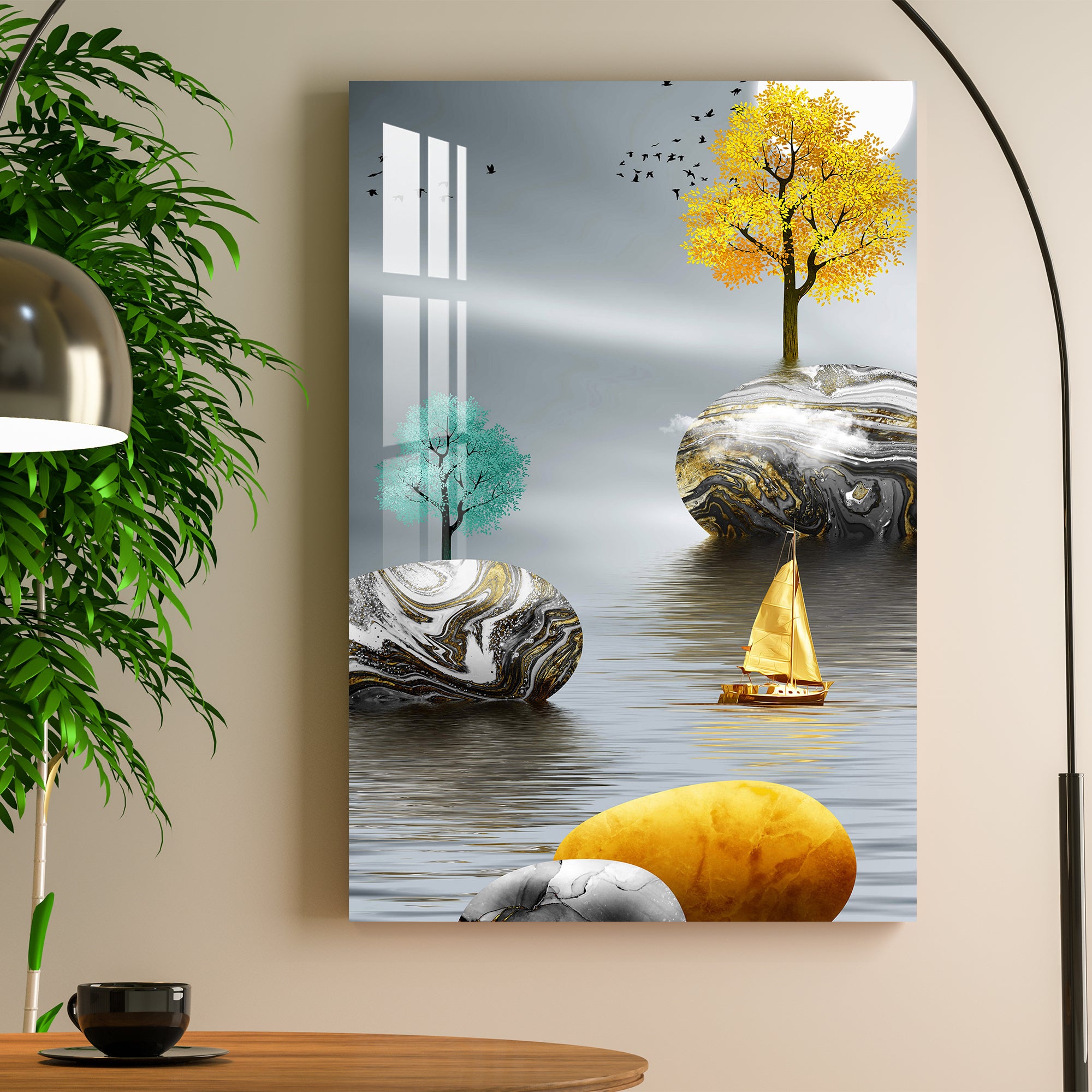 Golden Boat & Golden Tree Acrylic Wall Art