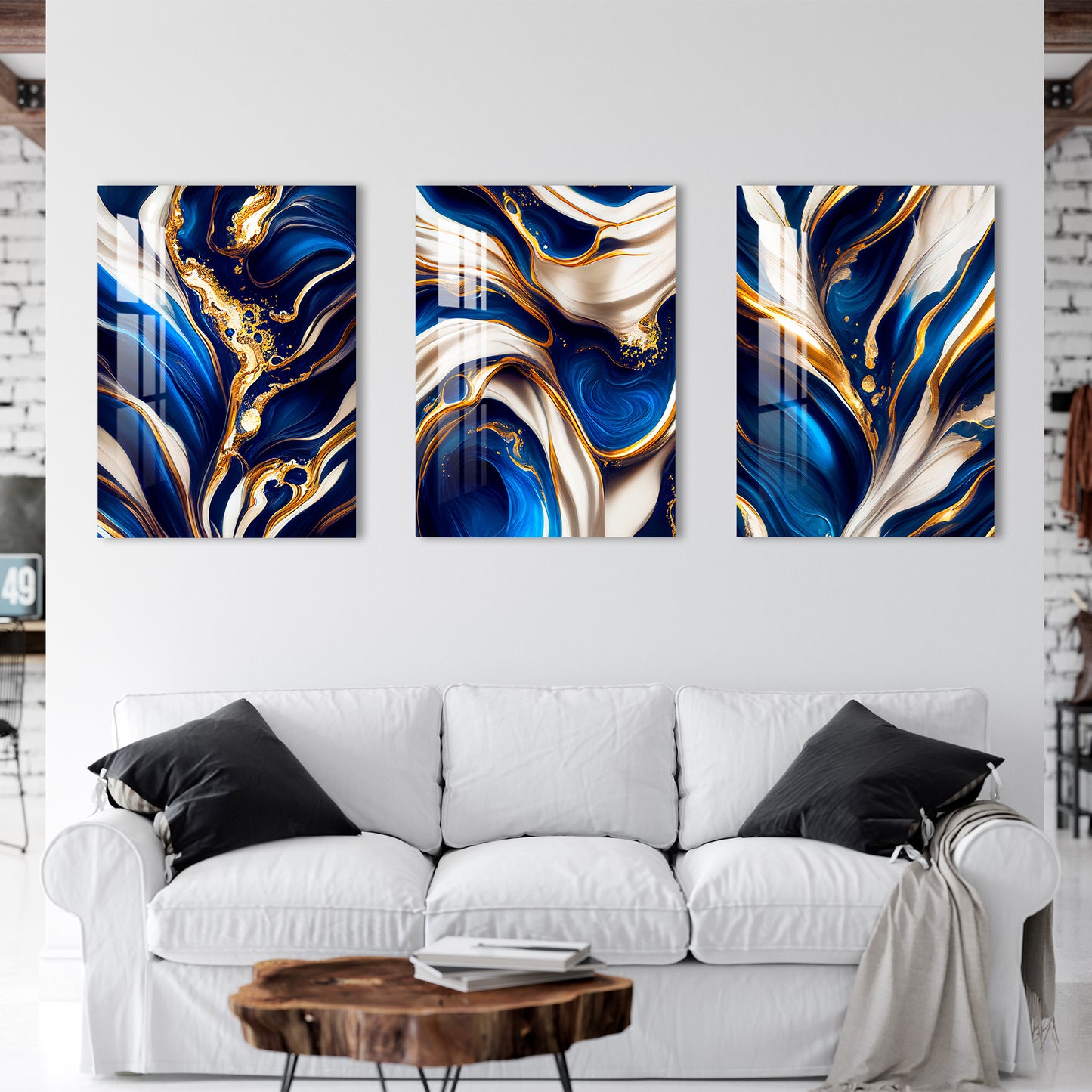 Blue, White & Golden Fluid Art Acrylic Wall Art (Set of 3)