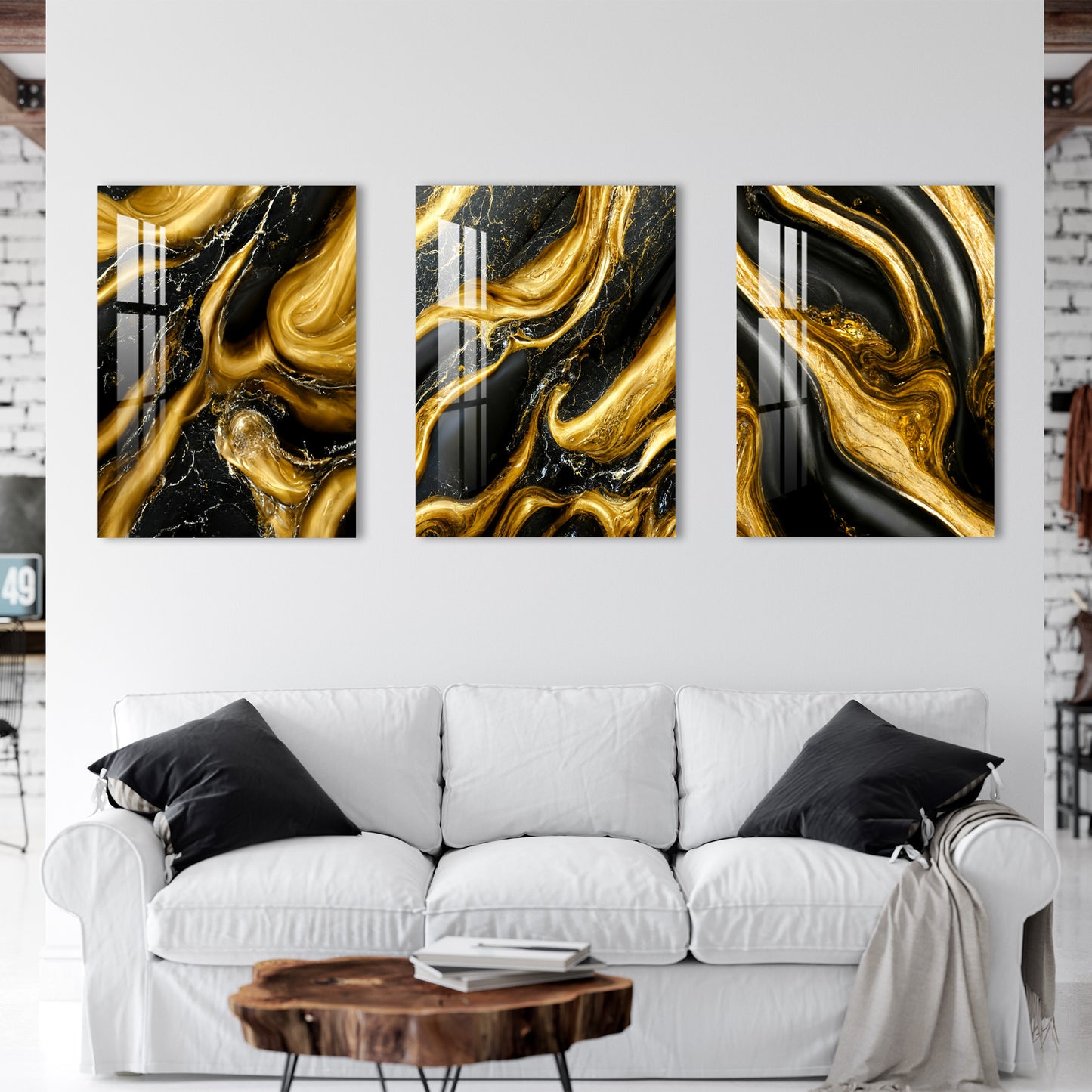 Black & Golden Liquid Marble Acrylic Wall Art (Set of 3)