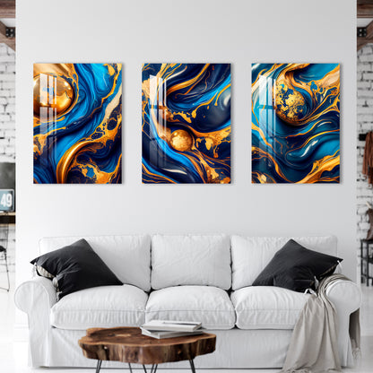 Swirling Blue Golden Ink Acrylic Wall Art (Set of 3)