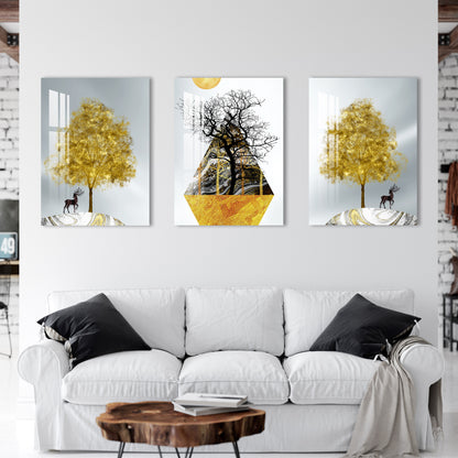 Black & Golden Trees with Sun Acrylic Wall Art (Set of 3)