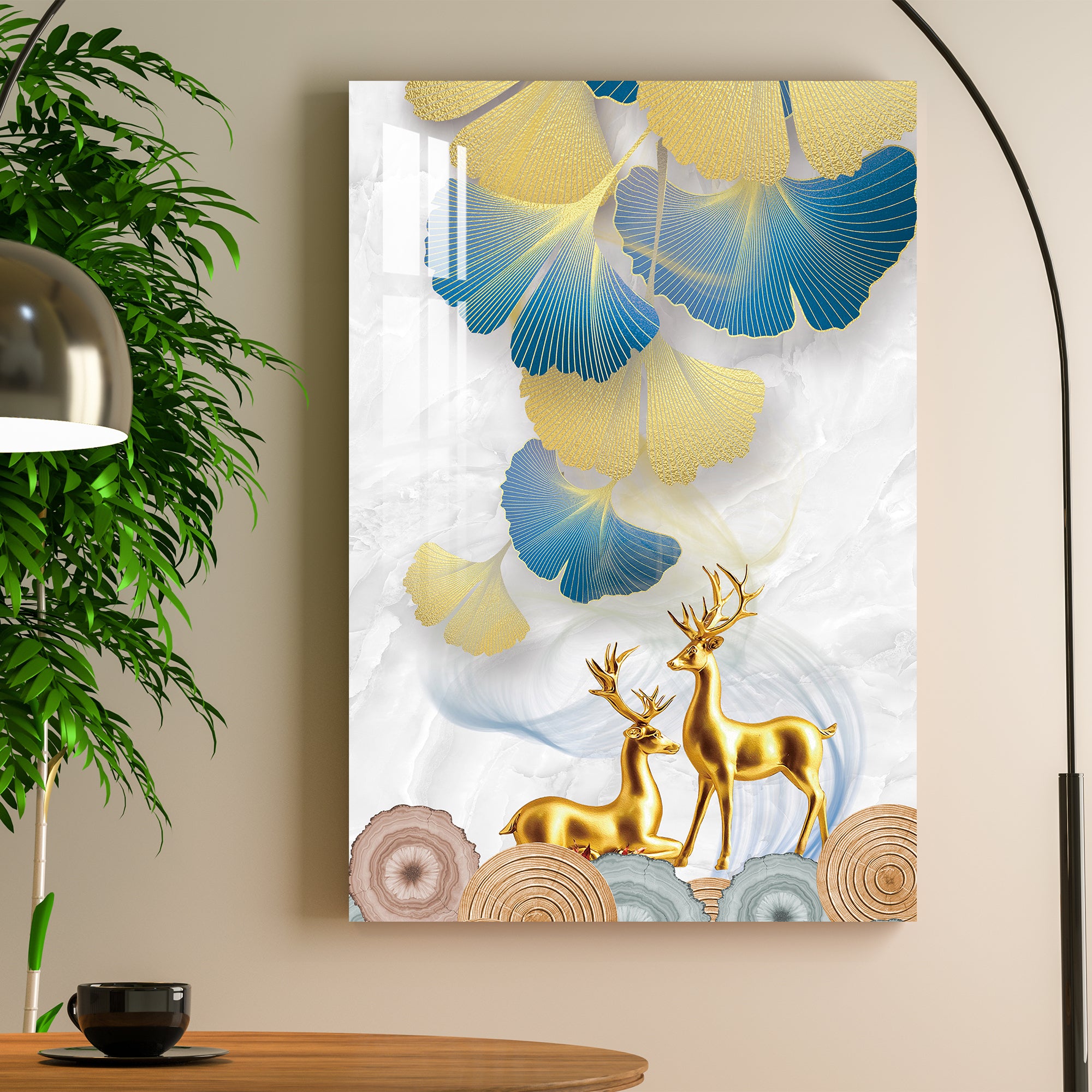 Golden Deers With Leaves Acrylic Wall Art