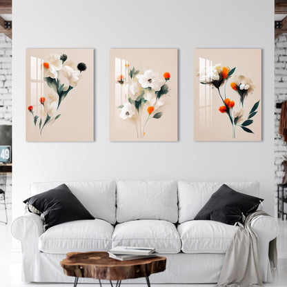 White & Orange Mangolian Flowers Acrylic Wall Art (Set of 3)