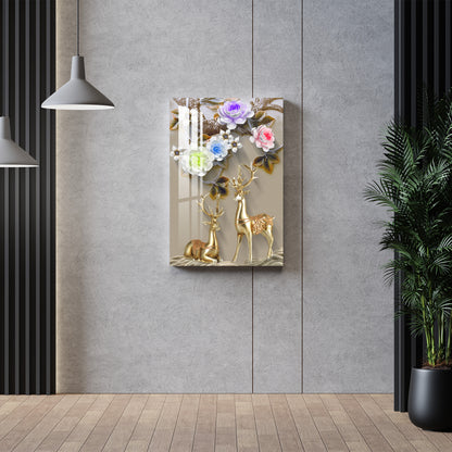 Golden Deers with Colourful Flowers Acrylic Wall Art