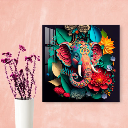 Ganpati with Leaves & Flower Acrylic Wall Art