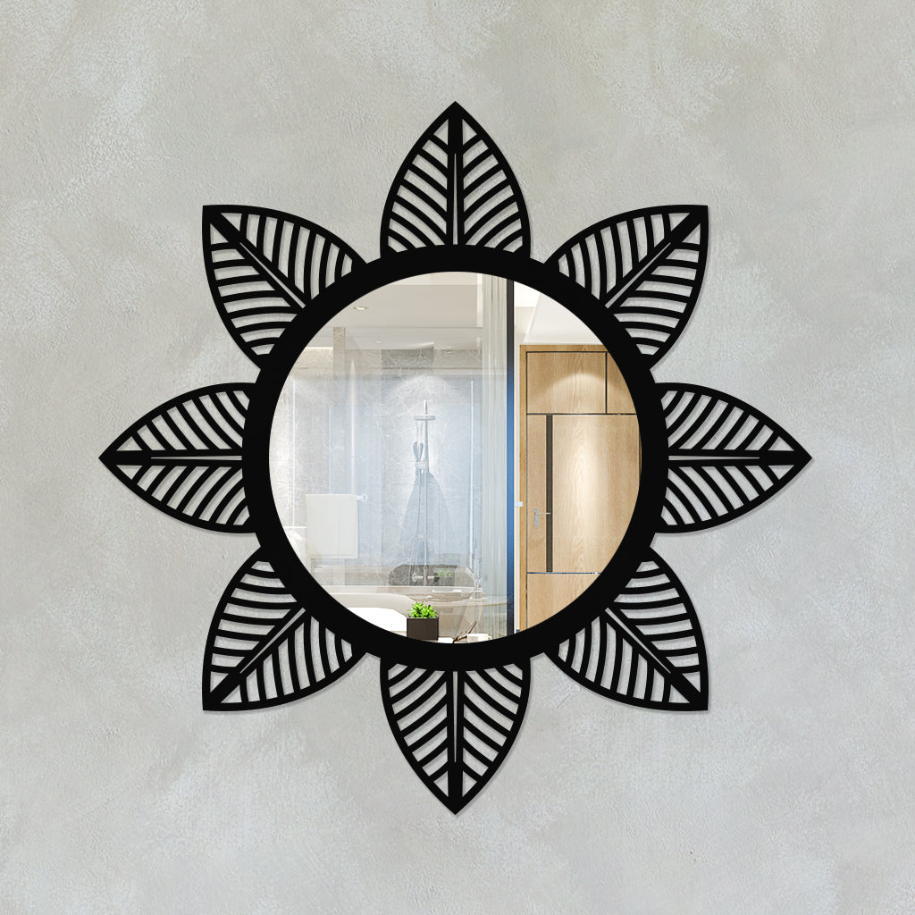 Round Metal Wall Mirror With Leaf