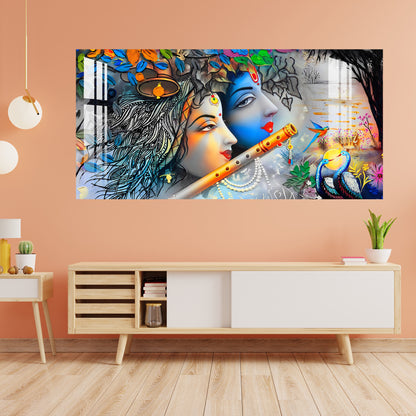 Radha Krishna with Flowers & Flute Acrylic Wall Art