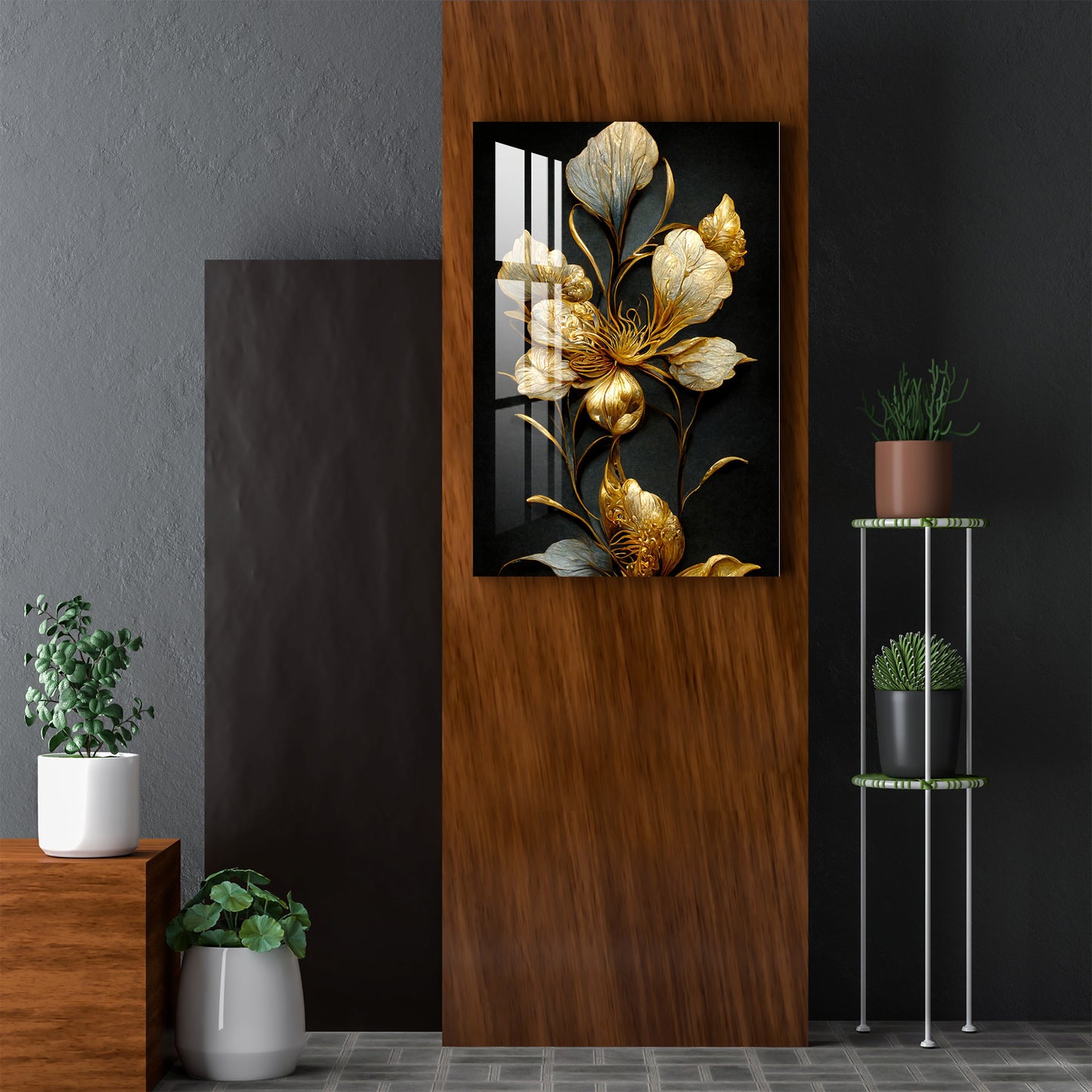 Classic Golden & Black Shade Floral Acrylic Wall Art