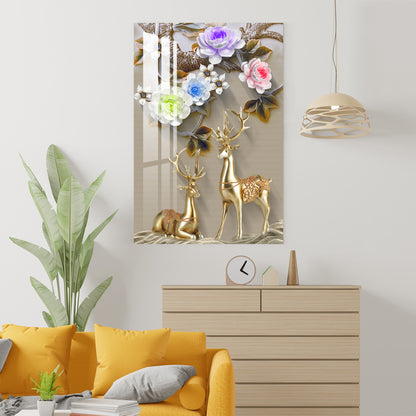 Golden Deers with Colourful Flowers Acrylic Wall Art