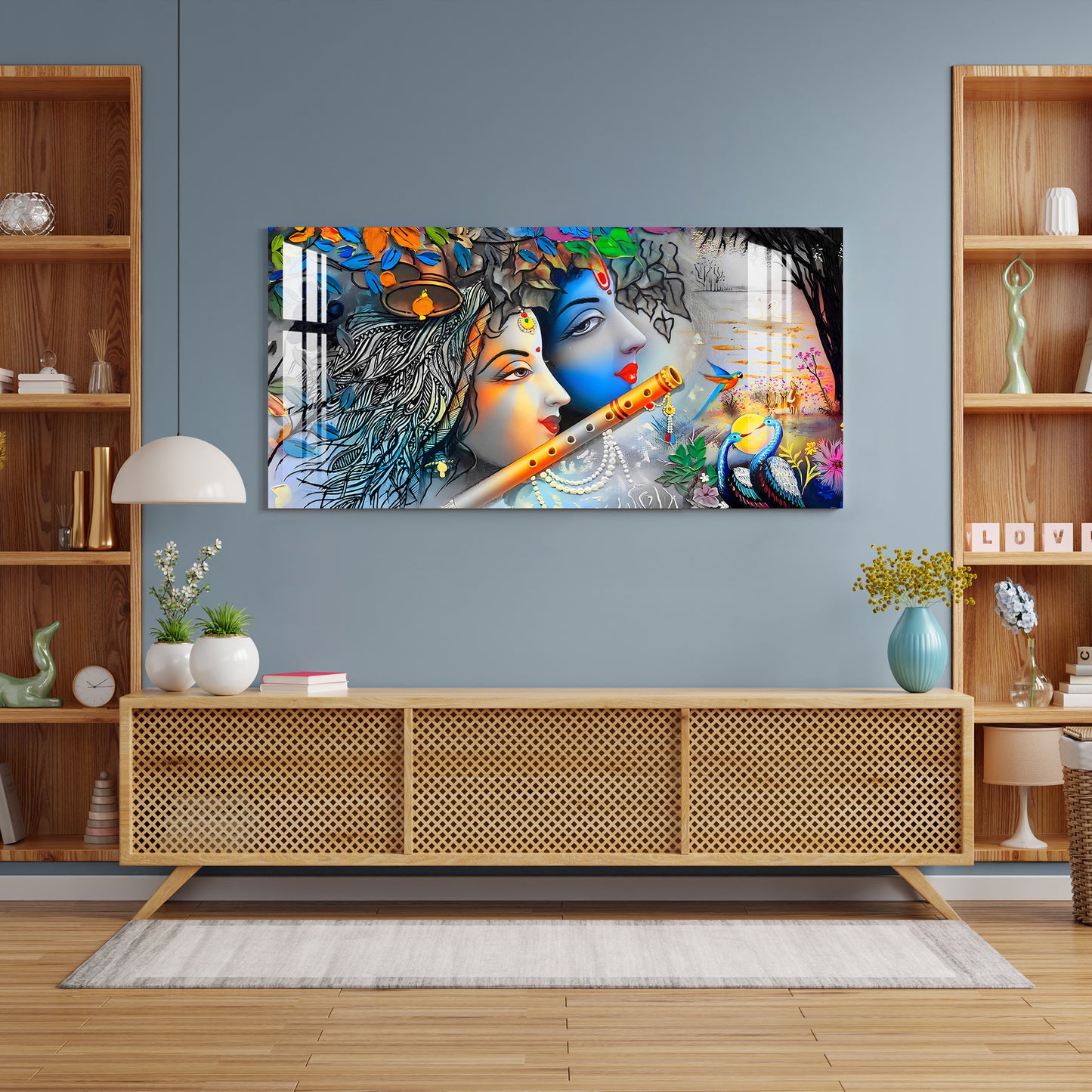 Radha Krishna with Flowers & Flute Acrylic Wall Art