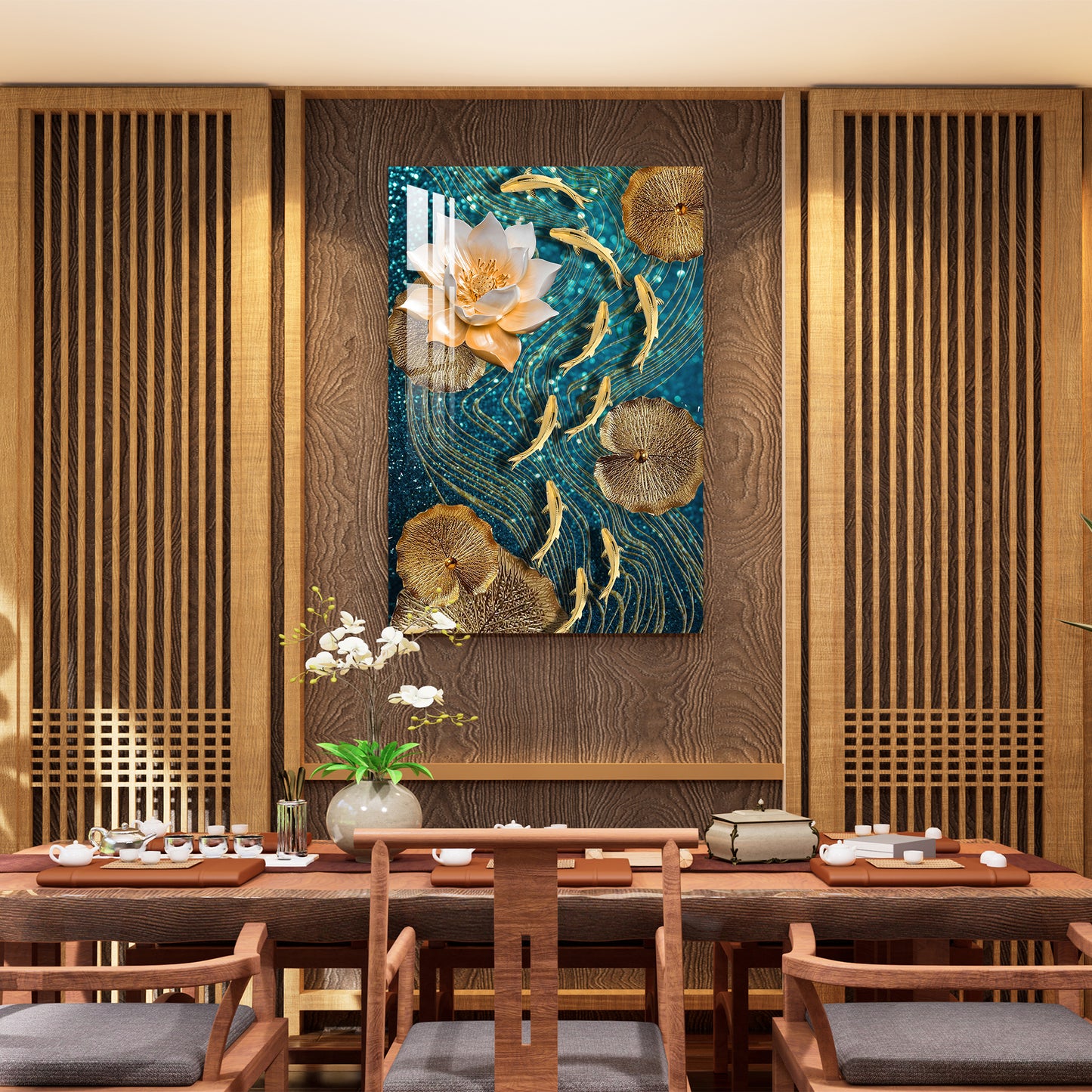 Modern Lotus With Koi Fish Acrylic Wall Art