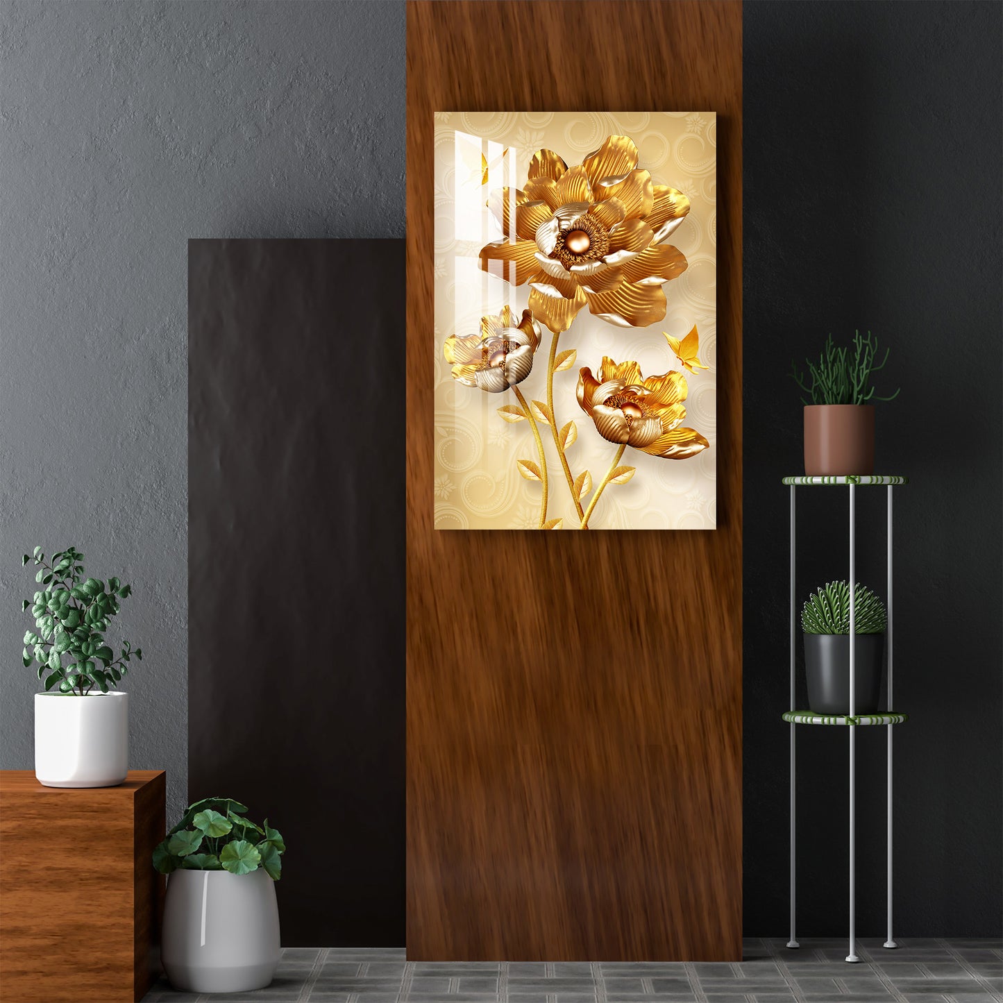 Attractive Golden Flowers Acrylic Wall Art