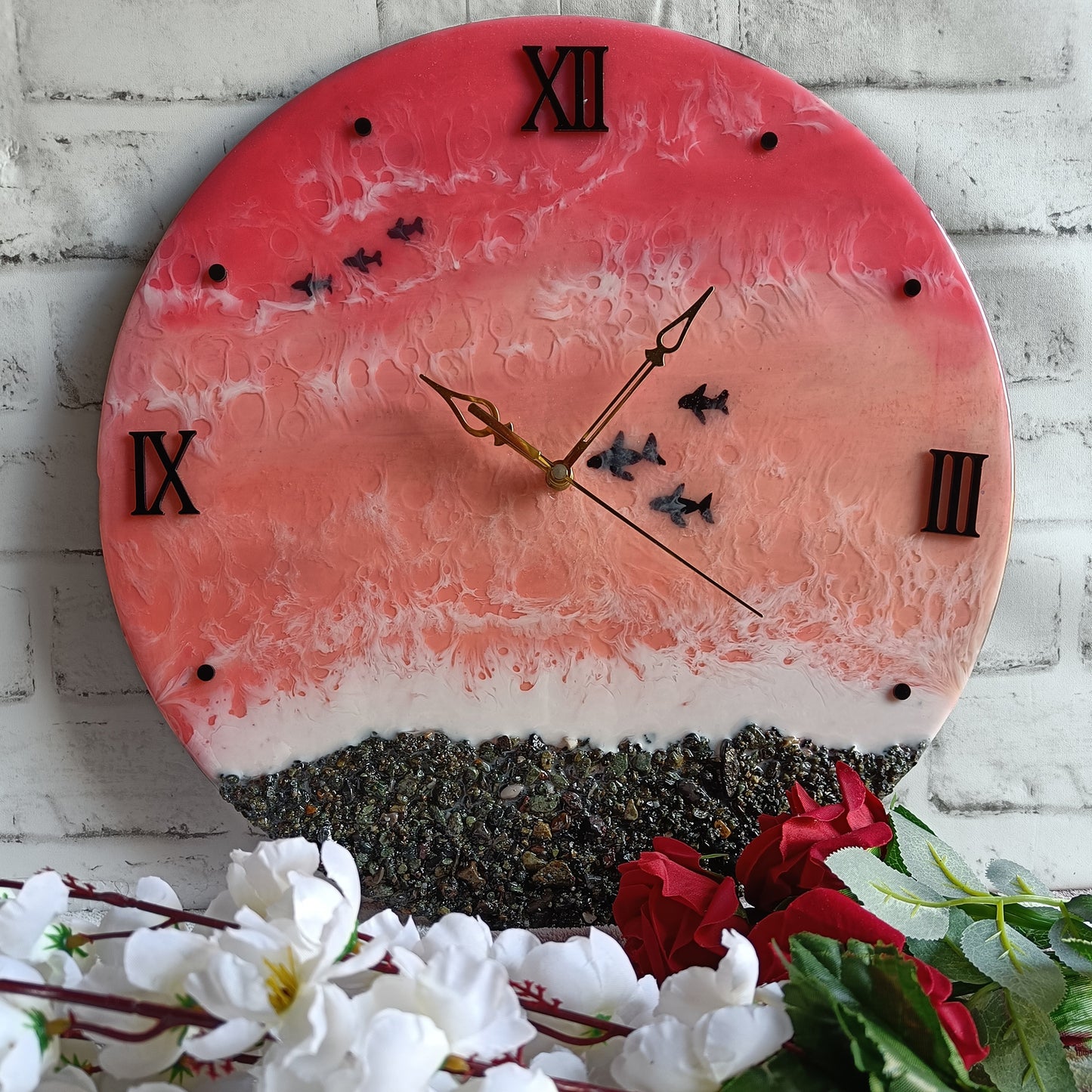 Pink Sea With Fish Epoxy Resin Wall Clock