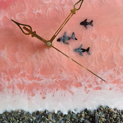 Pink Sea With Fish Epoxy Resin Wall Clock