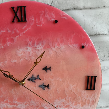 Pink Sea With Fish Epoxy Resin Wall Clock