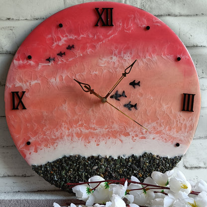 Pink Sea With Fish Epoxy Resin Wall Clock