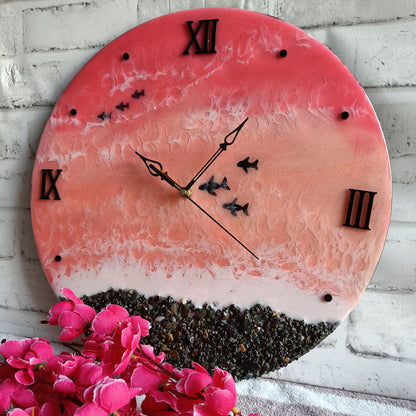 Pink Sea With Fish Epoxy Resin Wall Clock