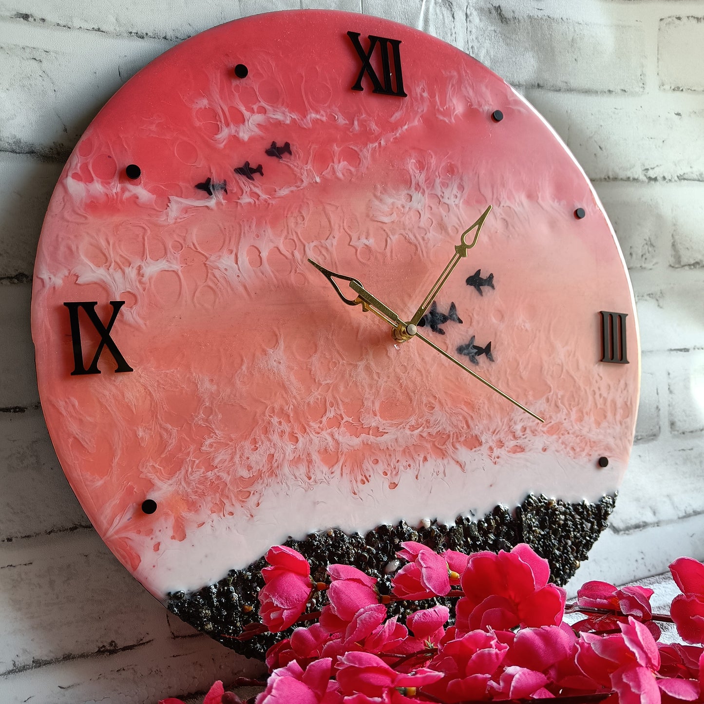 Pink Sea With Fish Epoxy Resin Wall Clock