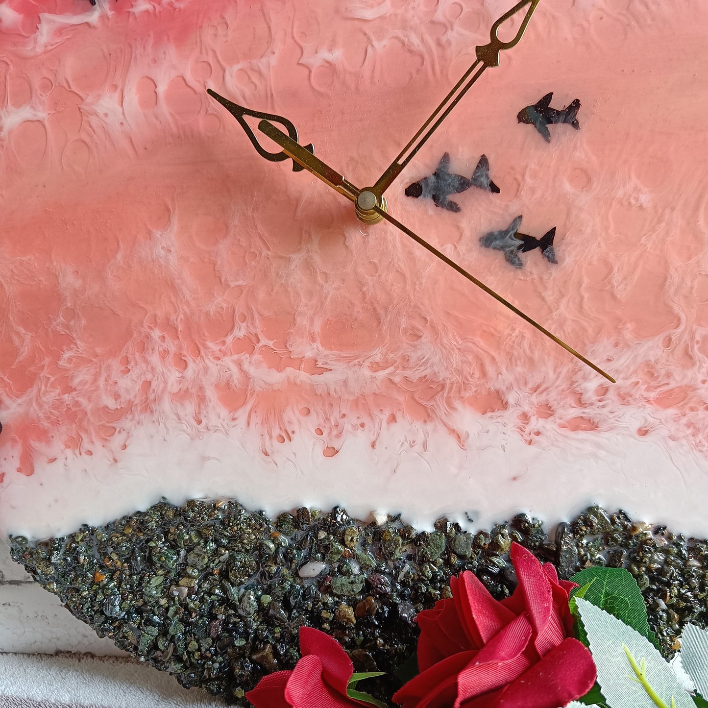 Pink Sea With Fish Epoxy Resin Wall Clock