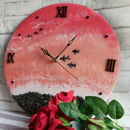 Pink Sea With Fish Epoxy Resin Wall Clock