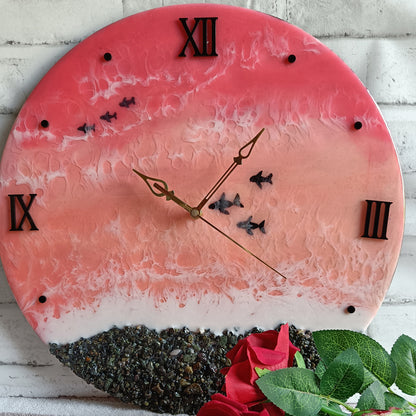 Pink Sea With Fish Epoxy Resin Wall Clock