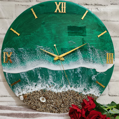 Green Beach Epoxy Resin Wall Clock