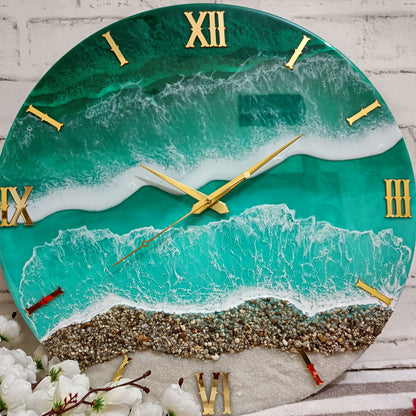 Green Stone Beach Epoxy Resin Wall Clock