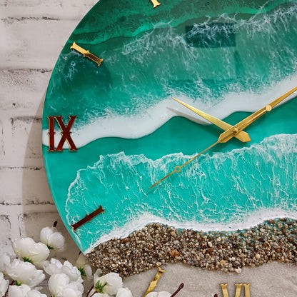 Green Stone Beach Epoxy Resin Wall Clock