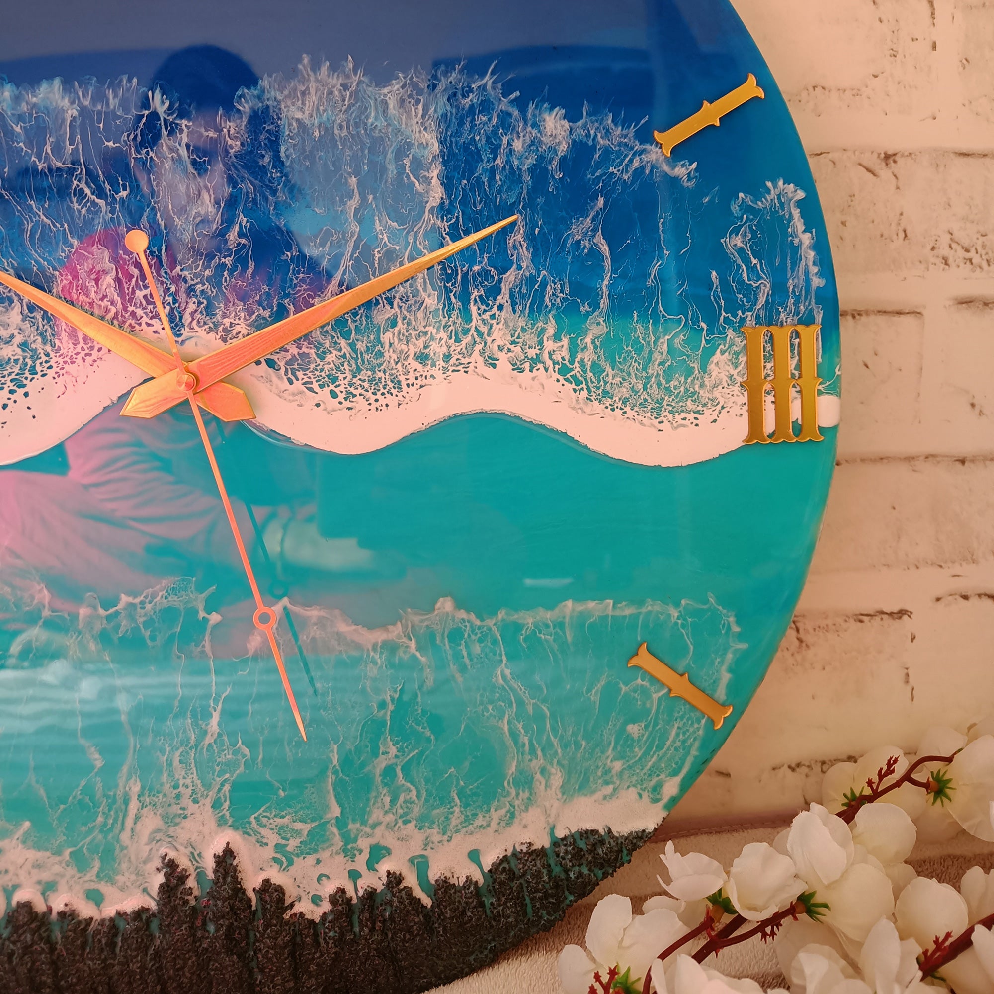 Light Green & Blue Beach Epoxy Resin Wall Clock