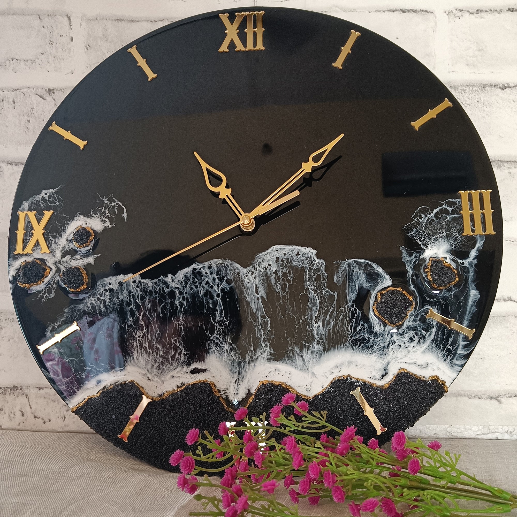 Dark Black Ocean Waves Epoxy Resin Wall Clock