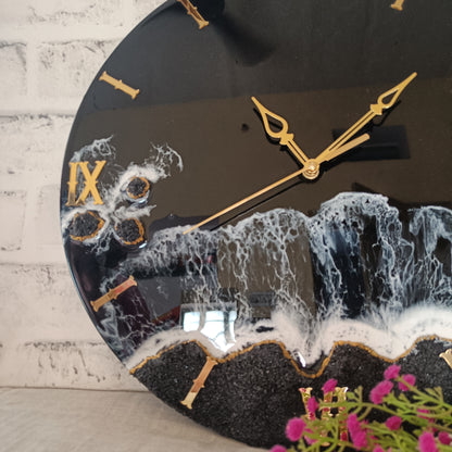 Dark Black Ocean Waves Epoxy Resin Wall Clock