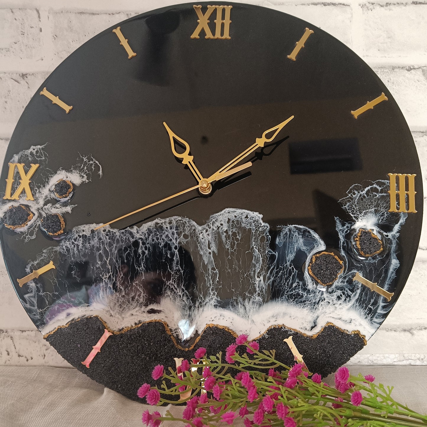 Dark Black Ocean Waves Epoxy Resin Wall Clock