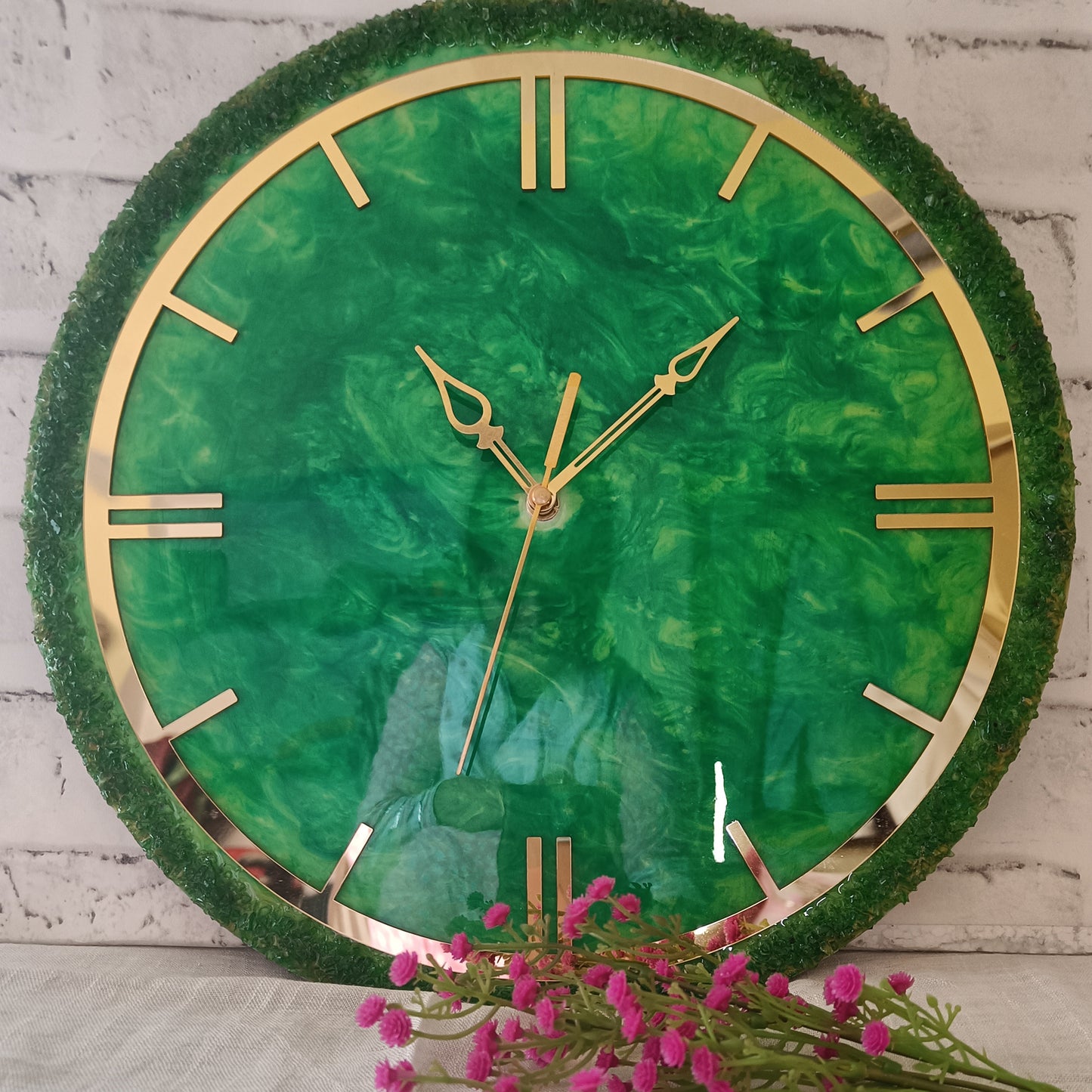 Ultimate Dark Green With Stone Epoxy Resin Wall Clock