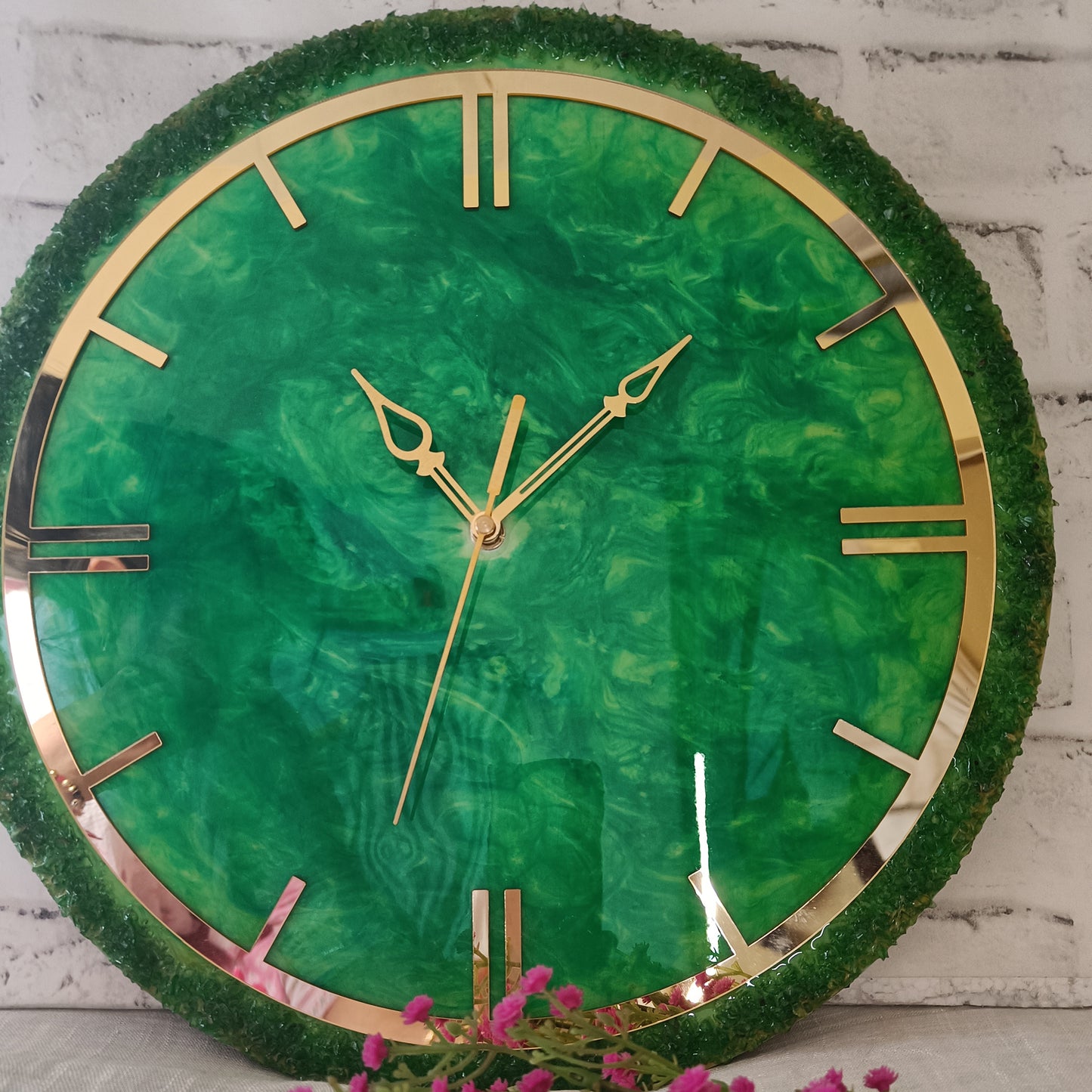 Ultimate Dark Green With Stone Epoxy Resin Wall Clock