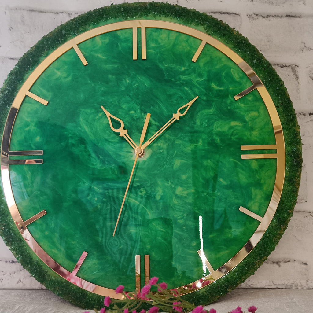 Ultimate Dark Green With Stone Epoxy Resin Wall Clock