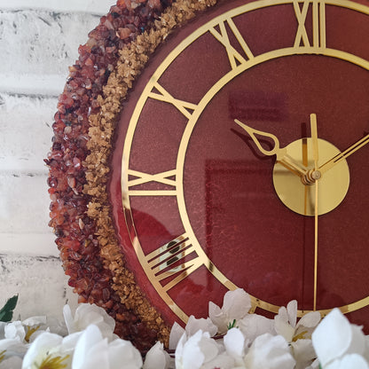 Ultimate Dark Maroon With Brown and Gold Stone Epoxy Resin Wall Clock