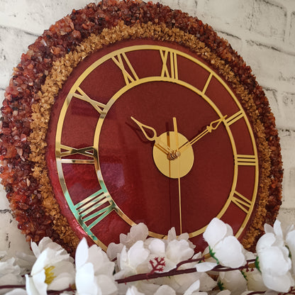 Ultimate Dark Maroon With Brown and Gold Stone Epoxy Resin Wall Clock