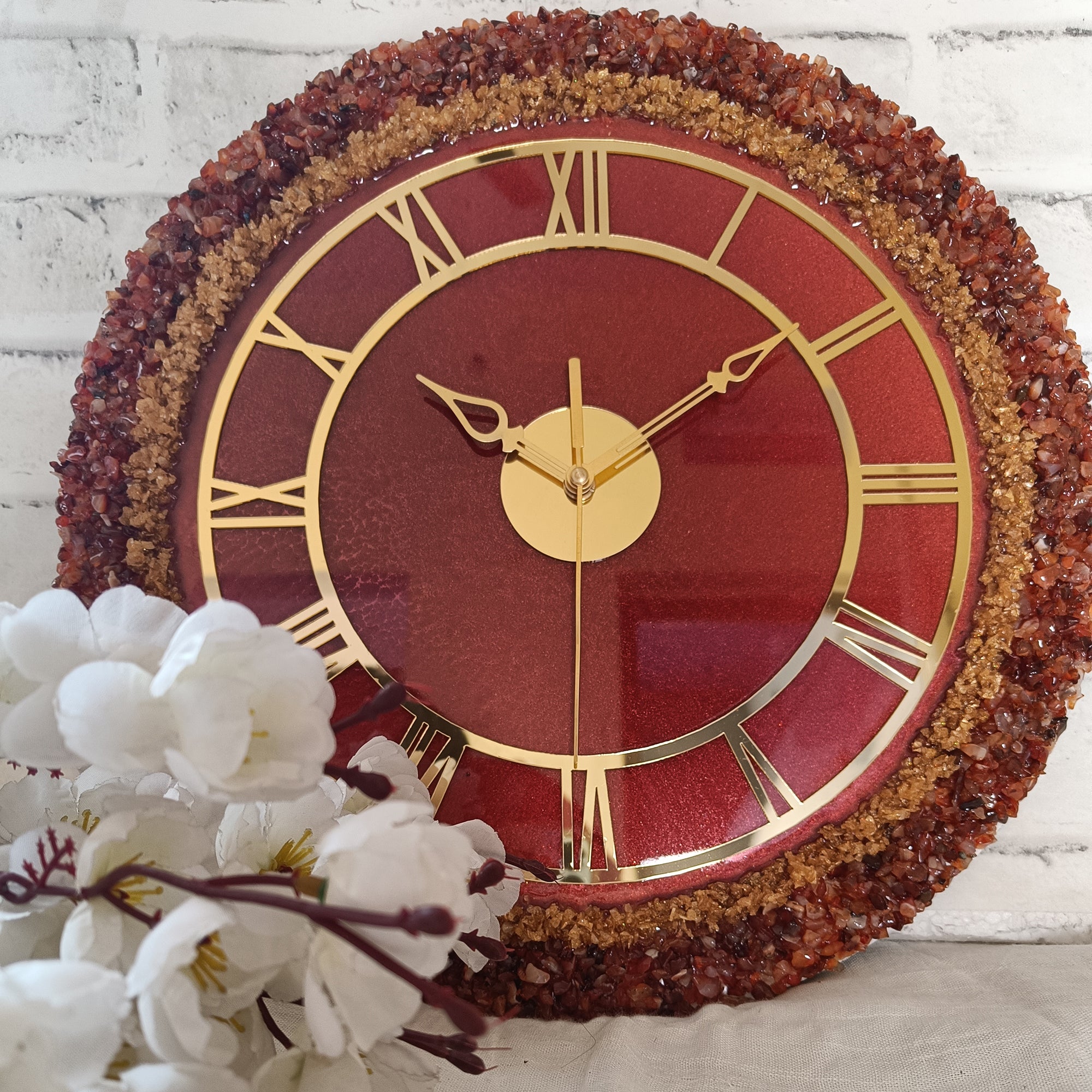 Ultimate Dark Maroon With Brown and Gold Stone Epoxy Resin Wall Clock