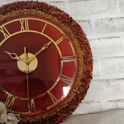 Ultimate Dark Maroon With Brown and Gold Stone Epoxy Resin Wall Clock