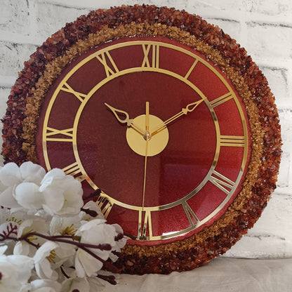 Ultimate Dark Maroon With Brown and Gold Stone Epoxy Resin Wall Clock