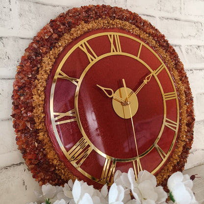 Ultimate Dark Maroon With Brown and Gold Stone Epoxy Resin Wall Clock