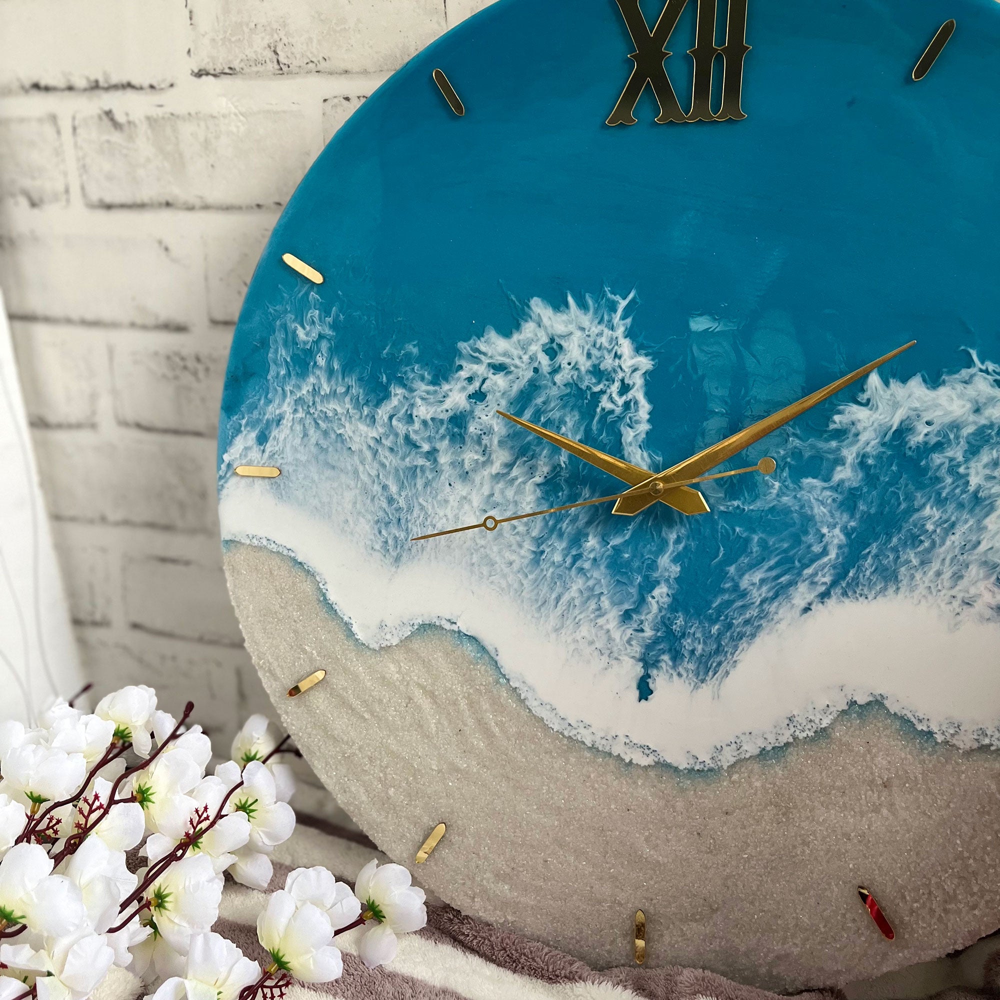 Light Blue Ocean Waves Epoxy Resin Wall Clock