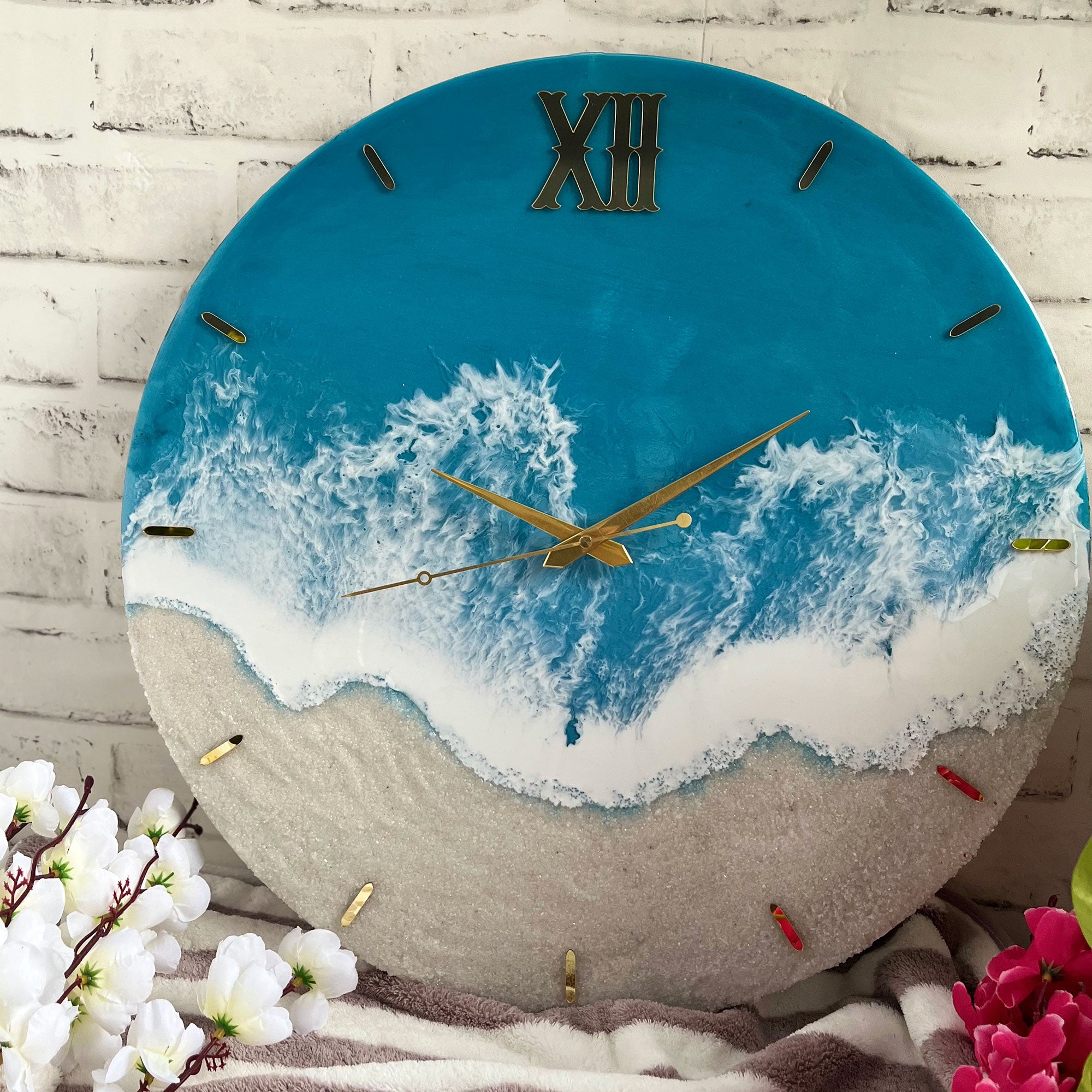 Light Blue Ocean Waves Epoxy Resin Wall Clock