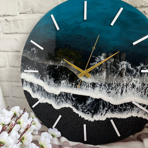 Black & Blue Ocean Waves Epoxy Resin Wall Clock