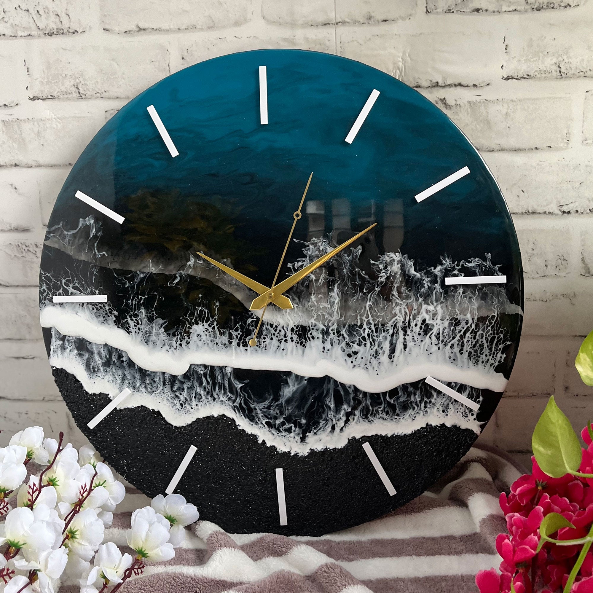 Black & Blue Ocean Waves Epoxy Resin Wall Clock